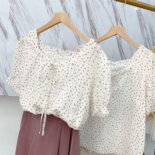 Floral Elbow-sleeve Midi A-line Dress White - One Size