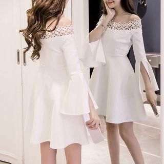 Perforated Lace Trim Off-shoulder Cocktail Dress