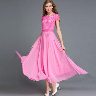 Lace Panel Short-sleeve Maxi Dress