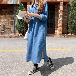 Half-placket Denim Shirtdress With Cord