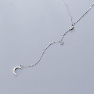 925 Sterling Silver Rhinestone Moon & Star Pendant Y Necklace As Shown In Figure - One Size