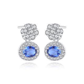 Sterling Silver Elegant Fashion Flower Geometric Stud Earrings With Blue Cubic Zirconia Silver - One Size