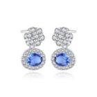 Sterling Silver Elegant Fashion Flower Geometric Stud Earrings With Blue Cubic Zirconia Silver - One Size