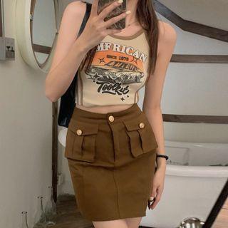 Print Crop Camisole Top / Mini Pencil Cargo Skirt
