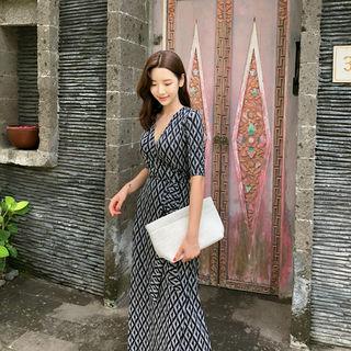 Pattern Wrap-front Long Dress One Size