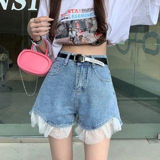 High Waist Sheer Panel Denim Shorts