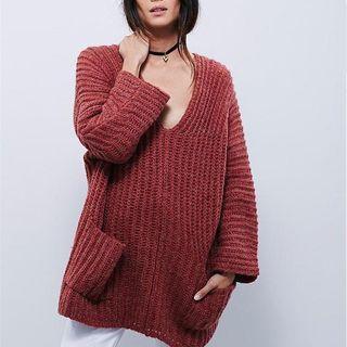 Plain V-neck Thick Long Sweater