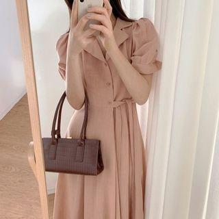 Puff-sleeve Open-collar A-line Midi Shirtdress