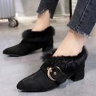Belted Furry Chunky-heel Pointy-toe Loafers