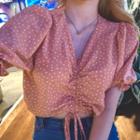 Dotted Puff-sleeve Drawstring Cropped Blouse