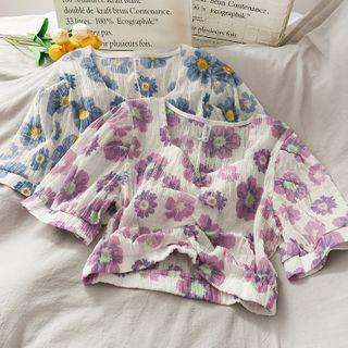 Flower-print Ruched Chiffon Crop Top