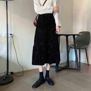 Tiered Glitter Velvet Midi A-line Skirt Black - One Size