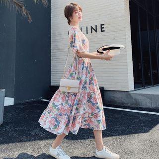 Printed Midi Elbow-sleeve A-line Dress