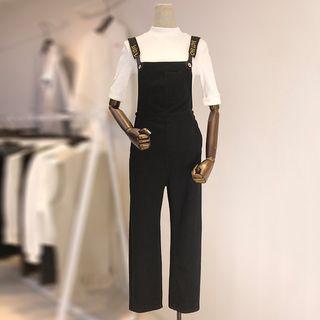 Lettering Strap Denim Jumper Pants