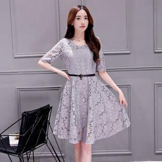 Elbow-sleeve Crewneck A-line Plain Slim Lace Dress