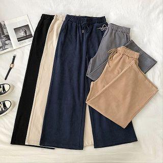 Plain Drawcord High-waist Faux Suede Cropped Pants