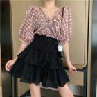 V-neck Plaid Elbow-sleeve Blouse / Mini Layered Skirt