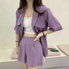 Set: Short Sleeve Plain Blazer + High-waist Shorts Purple - One Size