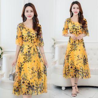 Short Sleeve Tie-waist Printed Midi Dress