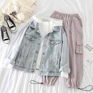 Long-sleeve Plain Hooded Pullover / Denim Jacket / Drawstring Cargo Pants