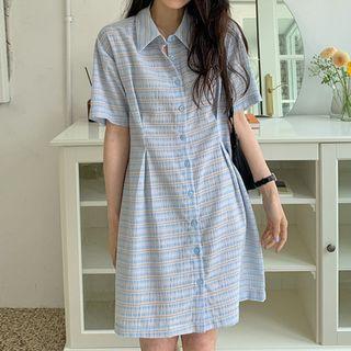 Short-sleeve Plaid Shirtdress Sky Blue - One Size