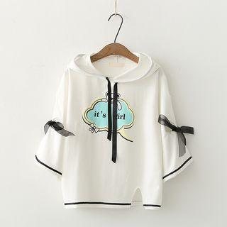 Elbow-sleeve Print Hoodie White - One Size