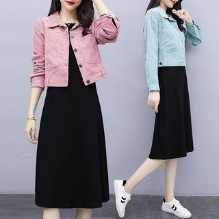 Set: Button Jacket + Long-sleeve Knit Midi Dress