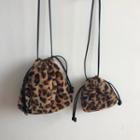 Leopard Pattern Furry Drawstring Crossbody Bag