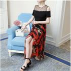 Set: Open Shoulder Short-sleeve T-shirt + Floral Print Midi Skirt