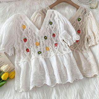 Puff-sleeve Floral Embroidered Knit Panel Top