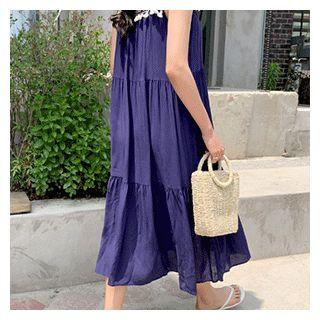 Sleeveless Tassel-trim Sundress Navy Blue - One Size