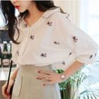Stand-collar Elbow-sleeve Floral Print Embroidered Loose-fit V-neck Blouse