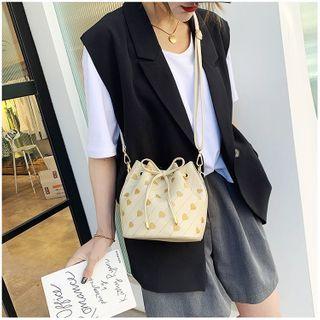 Heart Embroidered Faux Leather Bucket Bag