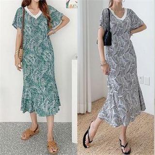 Dolman-sleeve Ruffled Long Foliage Dress