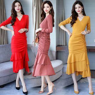 Long-sleeve Ruched Mermaid Sheath Dress