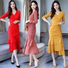 Long-sleeve Ruched Mermaid Sheath Dress