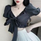 Puff-sleeve Bow-accent Cropped Top Black - One Size