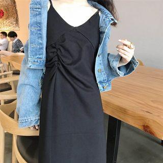 Plain Loose-fit Sleeveless Dress Black - One Size