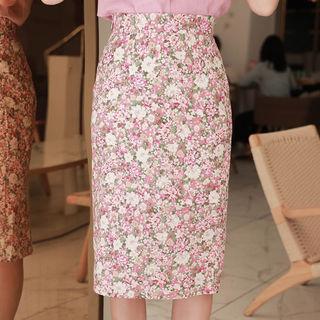 Button-front Floral Midi Skirt Pink - One Size