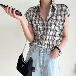 Sleeveless Epaulet Plaid Shirt