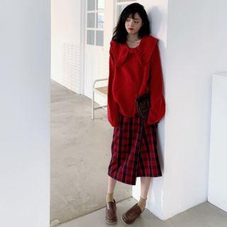 Bow Accent Sweater / Midi Plaid A-line Skirt