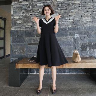V-neck Piped Midi Flare Dress