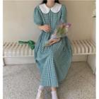 Short-sleeve Peter Pan Collar Plaid Midi A-line Dress Gingham - Green & White - One Size
