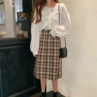 Long-sleeve Blouse / Plaid Midi Shift Skirt