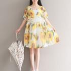 Set: Short-sleeve Floral A-line Dress + Slipdress