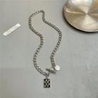 Checker Pendant Alloy Necklace Silver - One Size