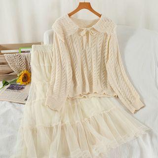 Set: Collared Knit Top + A-line Skirt Set - Almond - One Size