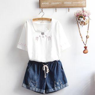 Short-sleeve Cat Embroidered T-shirt / Cat Embroidered Denim Shorts