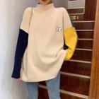 Turtle Neck Color Block Embroidered Loose Fit Knit Top As Shown In Figure - One Size
