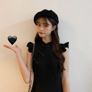 Cap-sleeve Frill-trim Bodycon Dress Black - One Size